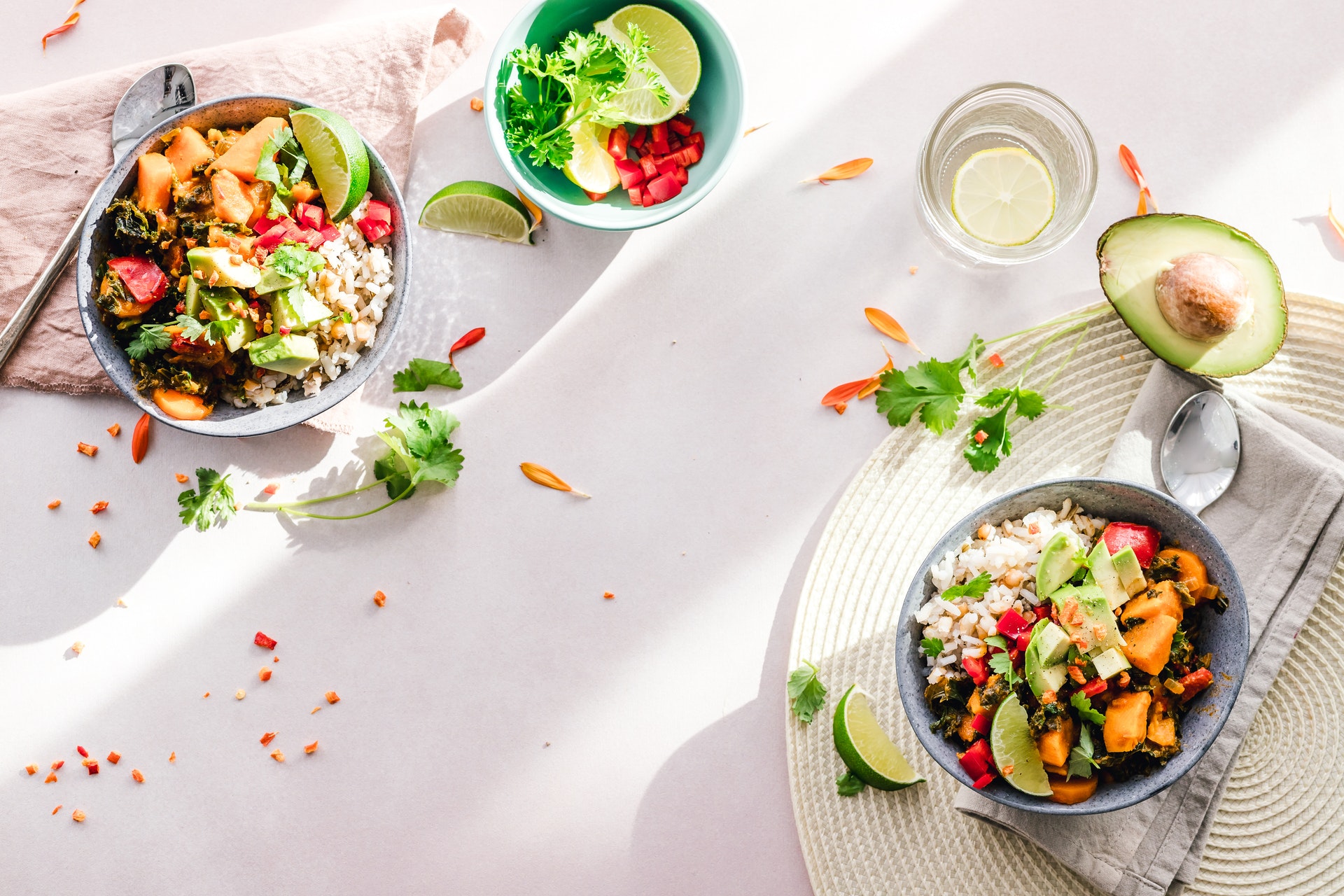 A laid table of low-carb foods photographed from above.